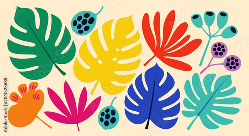 Vibrant colorful leaves and flowers illustration.