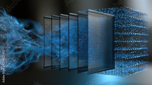 Abstract blue particles flowing through transparent layers into a grid