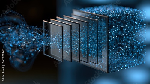 Data flows through layered processors, coalescing into a dense, luminous digital cloud