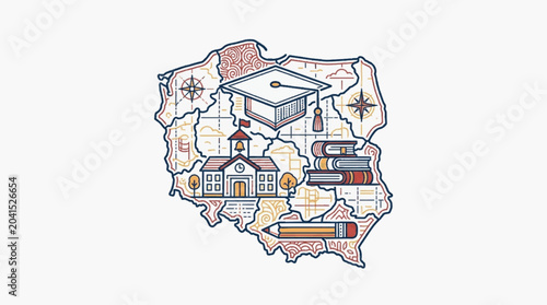 Photos Education and learning symbols overlaid on a map of Poland.
