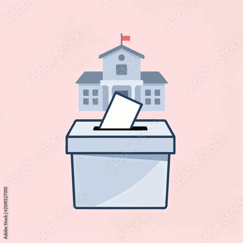 A ballot box with a paper being inserted in front of a building