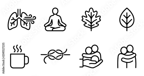 Canvastavla Wellness and Nature Icons: Lungs, Meditation, Leaves, Coffee, Knot, Hugs, Vector