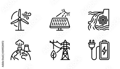 Obraz na płótnie Renewable Energy Icons Set: Wind Turbine, Solar Panel, Hydroelectric, Fossil Fue