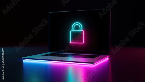 Laptop screen displays glowing neon padlock, reflecting vibrant lights