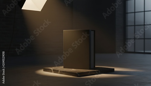 Solid Black Cube on Marble Pedestal in Dim Studio