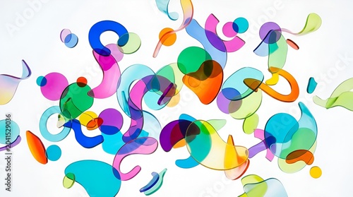 Abstract Colorful Shapes and Bubbles Floating on White Background