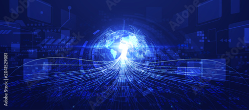 Photos Global network connection with lines of data flowing out from planet earth in futuristic blue digital background