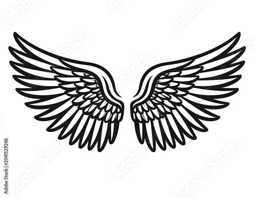 Detailed Black Angel Wings Illustration Isolated on Light Gray Background