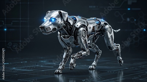 Robotic Dog with Blue Eyes, Futuristic Cybernetic Animal, AI Technology