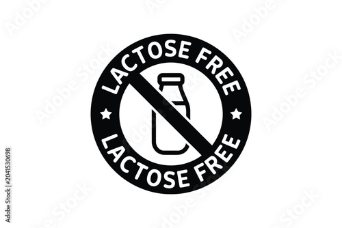 Fotografía lactose free label on white background circle milk bottle crossed