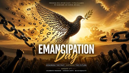 Emancipation day concept with flying dove carrying olive branch and broken chains emancipation celebration independence equality empowerment humanity breaking shackles strength