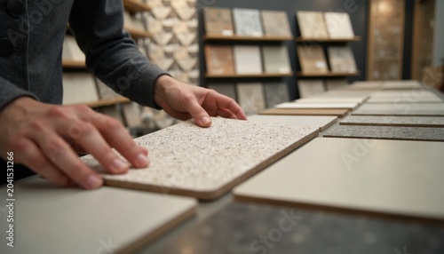 Person selecting textured tiles from large collection in showroom. Client chooses material for home or business renovation. Variety of samples laid out for inspection.