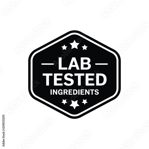 lab tested ingredients badge black and white hexagon stars text