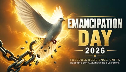 Emancipation day 2026 poster featuring white dove breaking metallic chains emancipation metallic celebration independence equality empowerment humanity breaking shackles strength