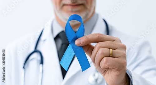 Doctor holds blue ribbon, a symbol of health awareness and support