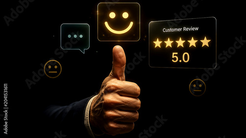 Customer review 5.0 rating with thumbs up, glowing five star feedback icons, business excellence and client satisfaction concept
