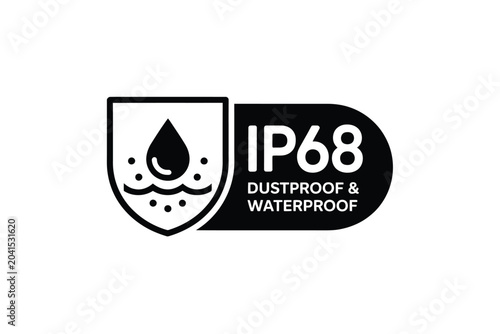 ip68 dustproof waterproof logo black white shield drop text icon