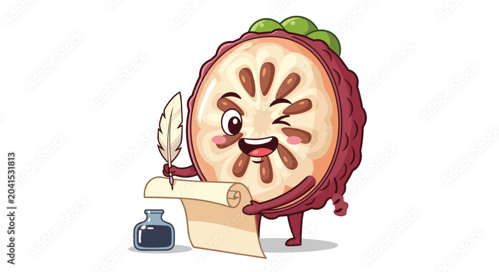 Obraz premium Cute mangosteen fruit character with a happy expression writing on a vintage paper scroll with a quill pen and inkwell.