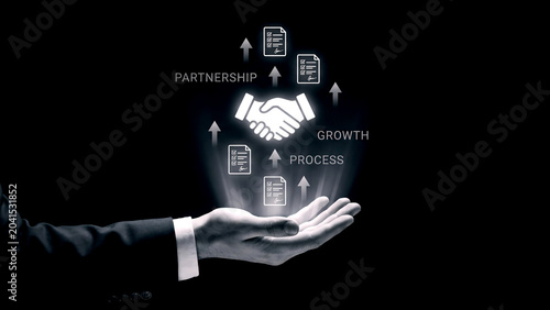 Business partnership handshake icon floating over hand, growth and process strategy concept, professional corporate collaboration and success