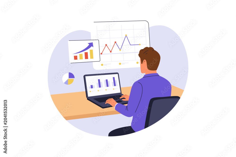 Fototapeta premium Illustration of Analyst Working on Financial Business Data Graphs. Rear view of a male business analyst using a laptop to monitor corporate performance statistics, trend lines, and data charts at a de