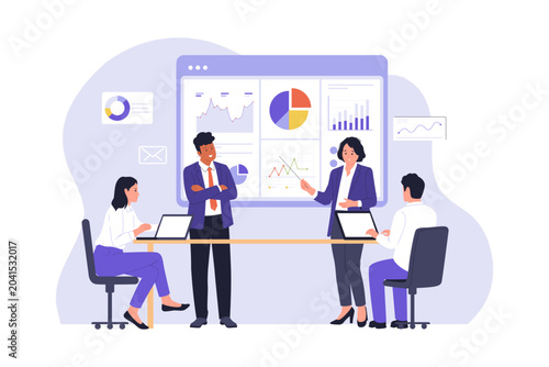Illustration of Corporate Meeting for Business Team Analysis. Business team conducting a meeting to analyze pie charts, data graphs, and marketing metrics on a large presentation screen in the office