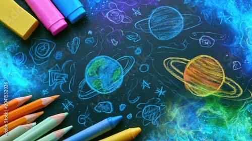 Colorful chalk drawings of planets and stars on a dark surface