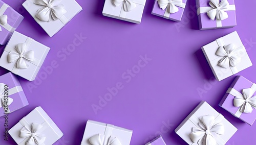 Overhead view of pastel gift boxes with white bows on purple background