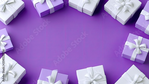 Array of pastel-colored gift boxes with white ribbons on purple