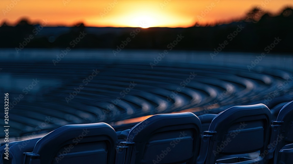 Fototapeta premium Empty stadium seating curves toward a vibrant, hazy sunset glow