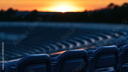 Empty stadium seating curves toward a vibrant, hazy sunset glow