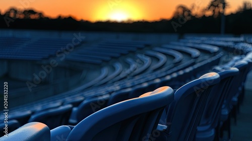 Empty stadium seats bathed in warm, orange sunset light