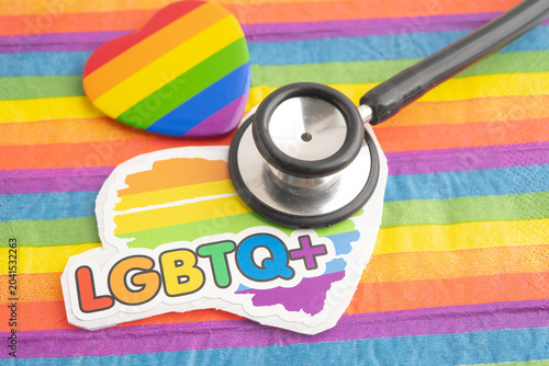 Foto Stethoscope on LGBT rainbow flag, rights and gender equality.