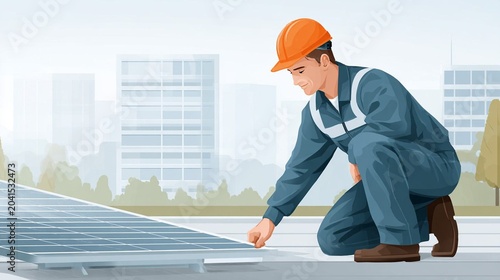 Sustainable energy workforce maintaining solar panel arrays across urban landscape, realistic environmental technology image