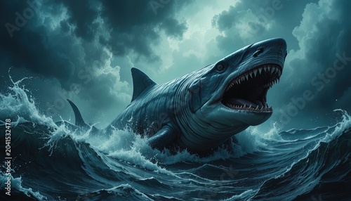 Great White Shark Emerges from Stormy Ocean Waters with Jaws Wide Open, Dramatic Light and Powerful Waves