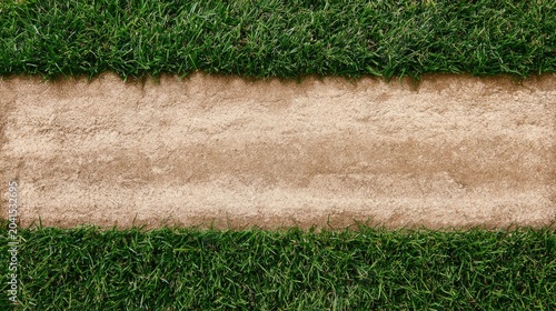 Close-up view of a baseball field's dirt base path with green grass edges