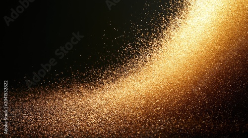 A shimmering wave of gold dust particles cascades across a dark background