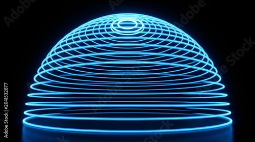 Abstract glowing blue dome shape with concentric circles on black background