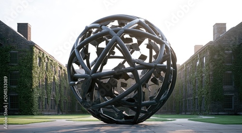 Large geometric sculpture in ivy-covered courtyard, bathed in sunlight