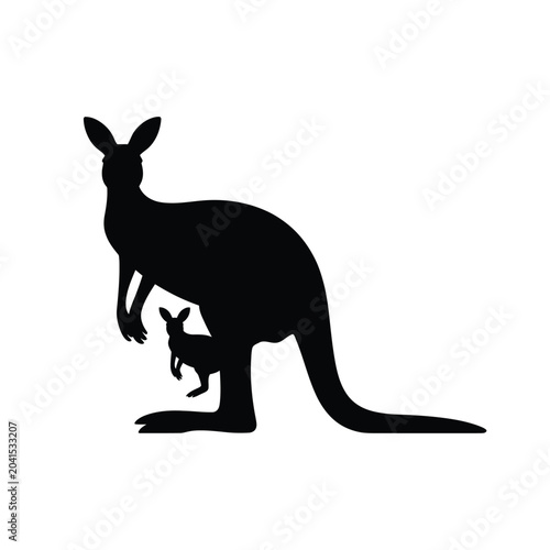 Obraz na płótnie kangaroo silhouette with joey black on white background