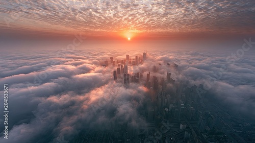 Towering cityscape emerges from vast sea of clouds at sunrise