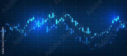 Foto Stock market trading graph candlestick chart on blue background financial investment concept