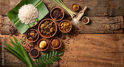 Flat lay of Lamprais ingredients on cinnamon bark, copy space