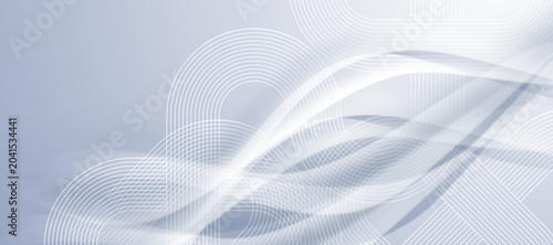 Abstract white overlapping circuit lines and smooth curves on light blue geometric background.
