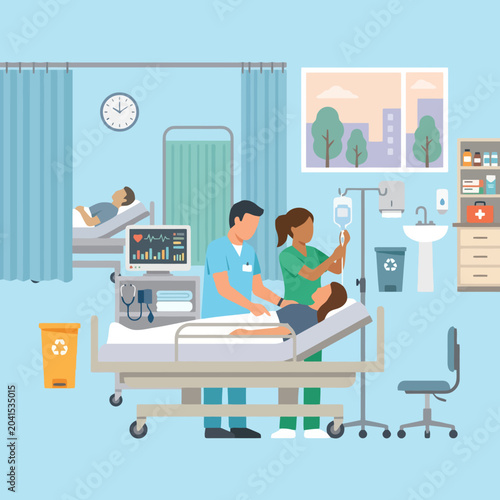 Medical professionals assist a patient in a hospital room with medical equipment