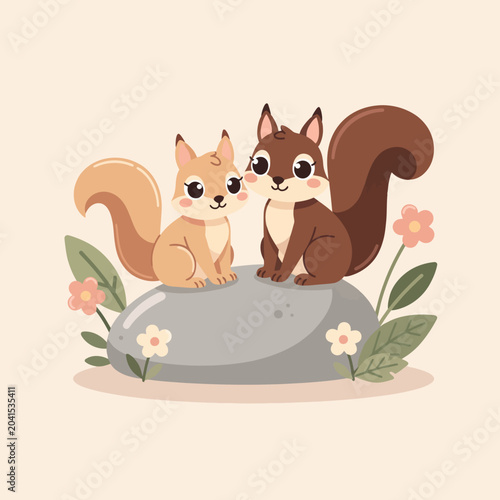 Two adorable cartoon animals sitting together on a with flowers around them