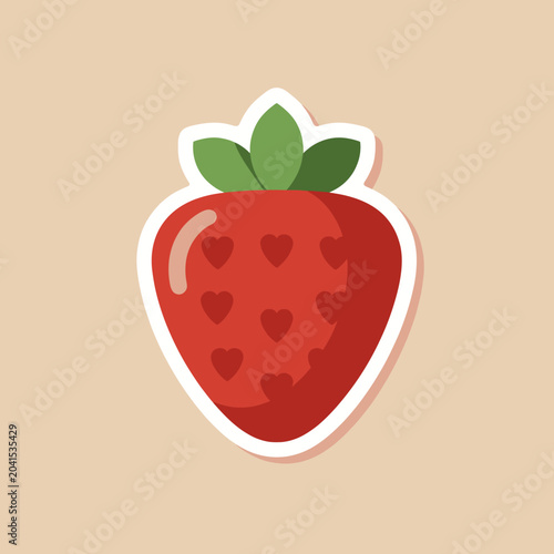 A vibrant illustration of a red fruit with green leaves and heart shapes on it