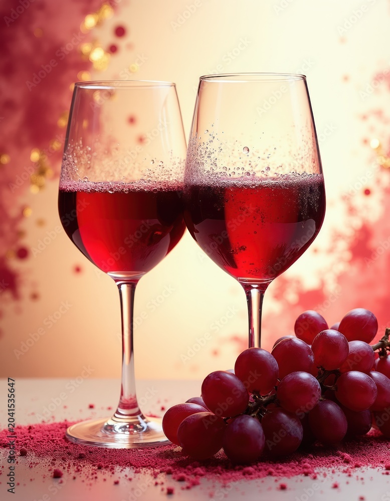 Fototapeta premium Two wine glasses with red liquid and grapes. Enjoying beverage with sweet fruit. Festive mood, celebration, gathering, sommelier, wine tasting event, gourmet.