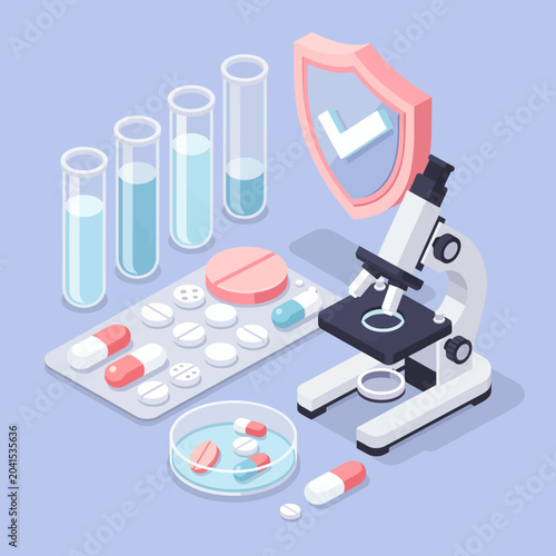 Schilderij op canvas Medical research concept with pills, microscope and test tubes on a surface