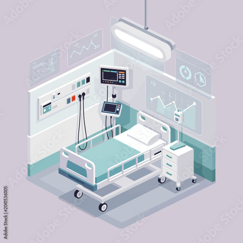 Isometric illustration of a hospital room with medical equipment and a bed