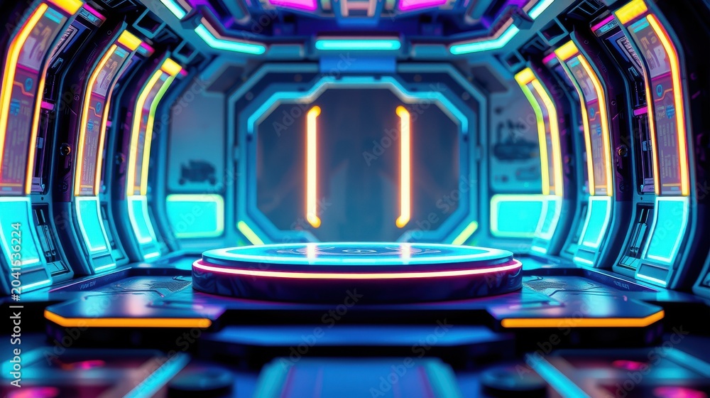 Fototapeta premium Futuristic interior. Circular platform glows brightly. Neon lights illuminate sleek walls, creating dramatic space. Dark background emphasizes vibrant colors.